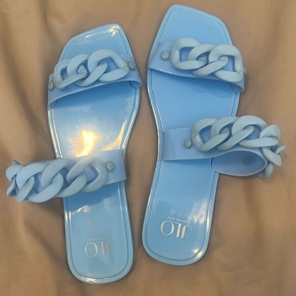 Light blue size 8 jelly rubber chain detail flat flip flops sandals GUC No box - Picture 3 of 14